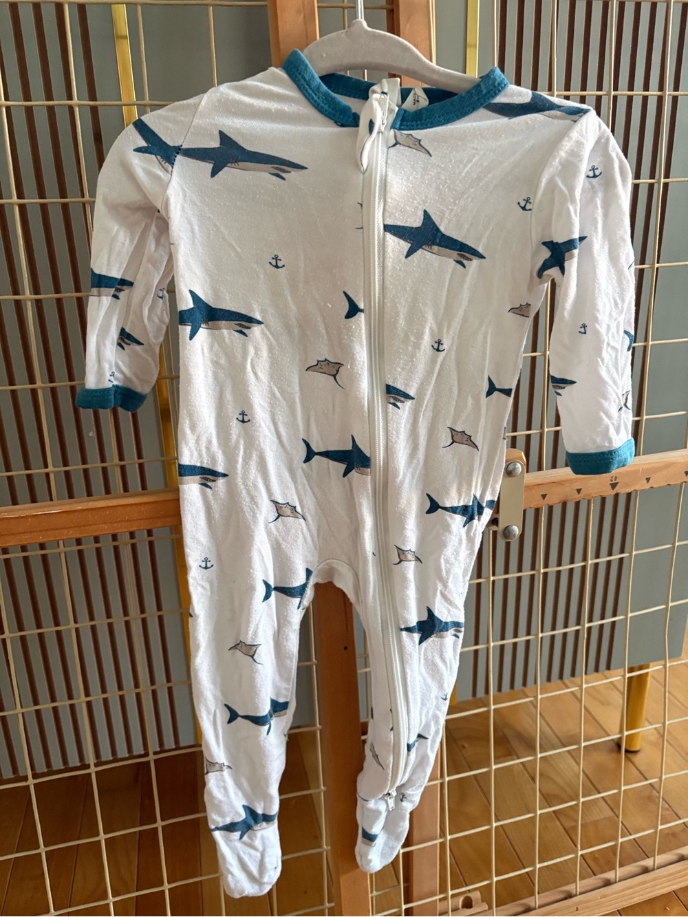 Kyte BABY White Shark-Print Footed One-Piece with Teal Trim